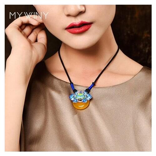 New yellow Japis nature stones vintage choker necklace,handmade cloisonne flowers exotic necklace