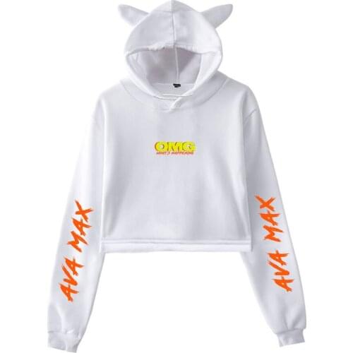 High Quality Cat Ear Cap Ava Max Hoodie OMG Print Crop Top Sexy Music Star fans Idol Long Sleeve Women Clothes Casual Pullover