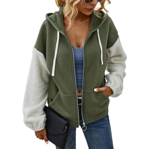 Plush Hoodie Contrast Color Patchwork Women Hooded Drawstring Zipper Coat Streetwear