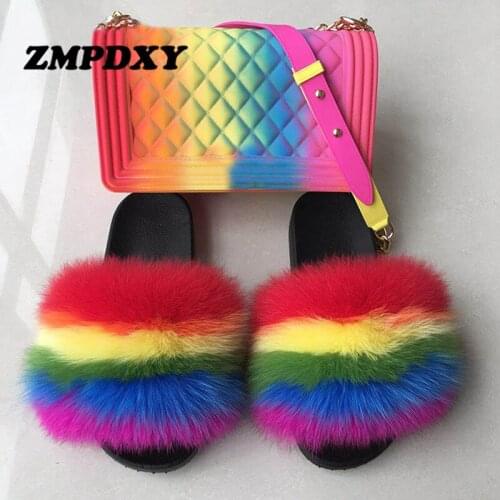 Women Fluffy Soft Fox Fur Slides Jelly Rainbow Crossbody Bags Ladies Luxury Brand Plush Furry Sandals With Matching Purse Set
