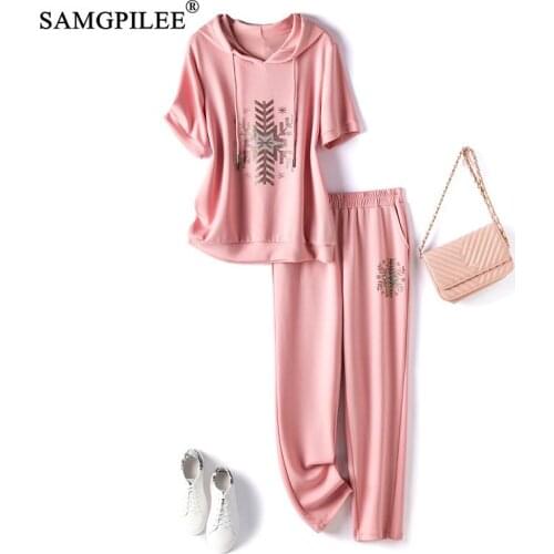 Two Piece Sets For Women 2021 Summer Fashion Short Sleeve Casual Pullover Hooded Collar Elastic Waist Print Pant Set Plus Size