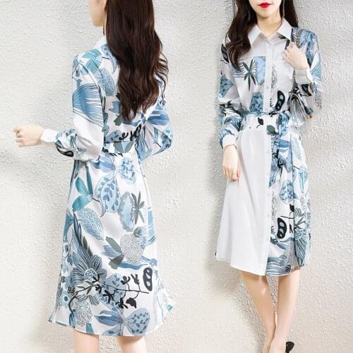 Womens Dress 2021 Fall Long Sleeve Turndown Collar Dresses Female Vintage Print Clothing Ladies Light Blue Floral Shirt Dress