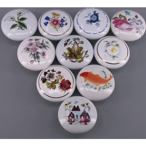 1x Flower/Fish Castle Print White Porcelain Knobs for Cabinets Drawer Dresser Cupboard Closet Hardware Decorative Pull Handles