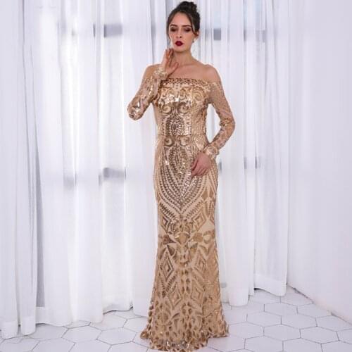 2020 Elegant Female Sexy Off Shoulder Embroider Floor Length Evening Party Dress One Pieces Long Sleeve Off Shoulder Slim Dress