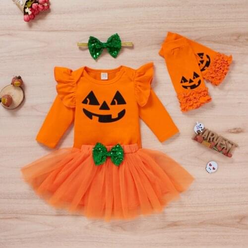 Bobora Newborn Baby Girl Halloween Outfits Pumpkin Long Sleeve Bodysuit Top Tutu Skirt Legging Clothes Set
