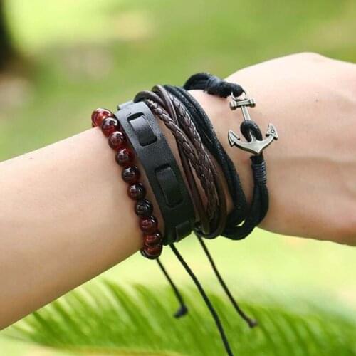 XEONGKVI Europe America Hand Rope Weaving Multilayer Anchor Cowhide Bracelets Fahion DIY Women Men Hand Catenary Accessories