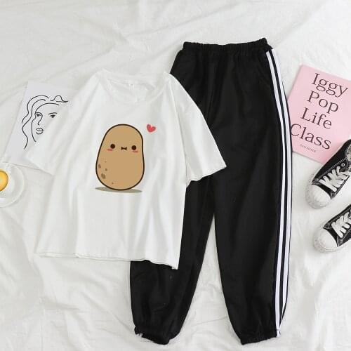 Pants Sets Womens Summer Suit Striped Trousers Women 2021 Sweatpants Women Baggy Love Potatoes Graphic Crop Top Pant Suits
