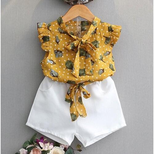 Children Clothes Girls Chiffon Suit Cute Bow-Knot Sleeveless Print Pattern Top Fashion Short Pant With Belt Kid Girl 2 3 4 5 6 y
