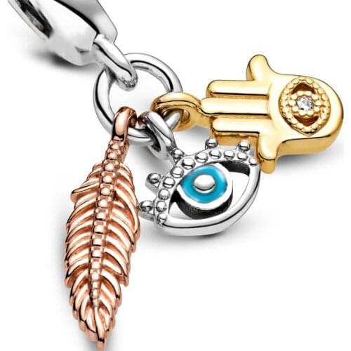 DIY Amulet Hand of Fatima Palm Pendant Fit Original Pandora Charms Bracelet Women Rose Feather Evil Eye Beads for Jewelry Making