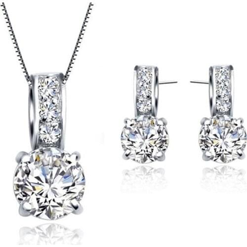 European Brand 925 Sterling Silver Cubic Zircon Pendant Necklace/Earring Women Jewelry Sets Wholesale