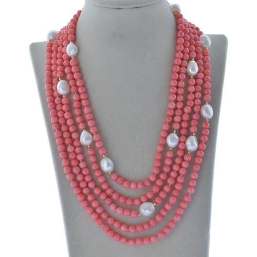 Z10401 5Row 22" 14mm White Baroque Pearl Pink Round Coral Necklace