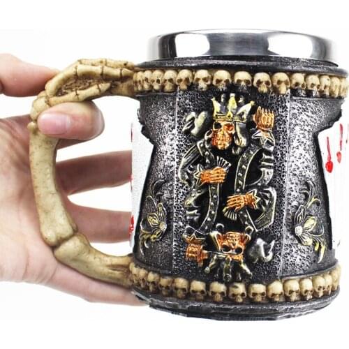 New Design Retro Poker Skull Resin Mug Stainless Steel Skull Tankard for Home Party & Halloween Gift