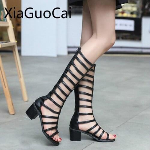 Summer Cool Boots 2018 New Slim British Womens Summer Long Sandals Womens Thick with Straps Open Toe Long Boots