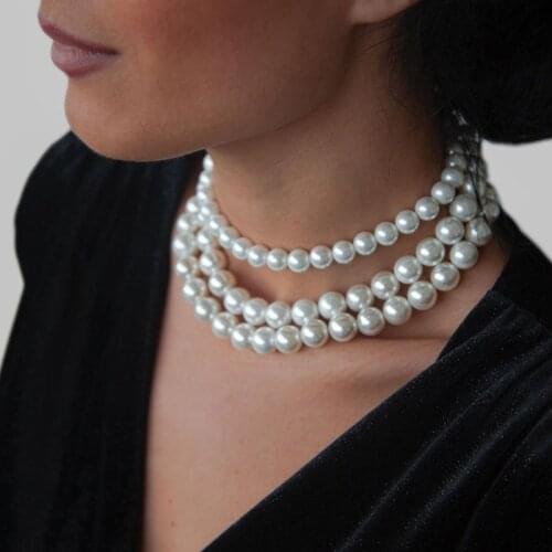 Chunky White Multi Layered Pearl Necklace Beads Choker Jewelry for Women Statment Choker Big Pearl Necklace Collar Jewellery