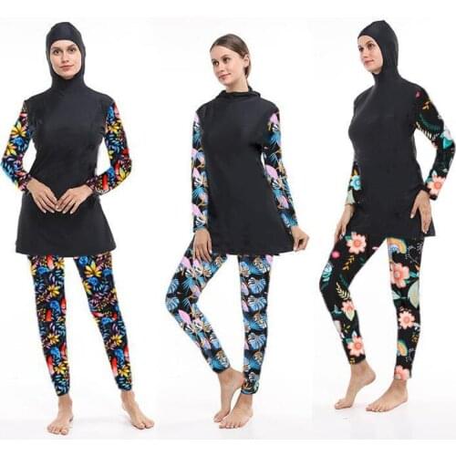 Muslim PatchworkSwimwear Islamic Women Modest Hijab Plus Size Burkinis Wear Swimming Bathing Suit Beach Full Coverage Swimsuit