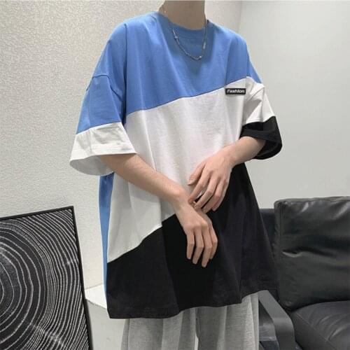 Male T Shirt Cotton Summer Oversize Short Sleeve O Neck Patchwork Korean Style Fashion Loose Color Block Tops Harajuku Hip Pop