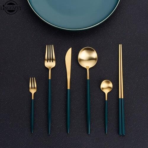 Green Gold Cutlery Tableware Set 18/10 Stainless Steel Dinner Knife Fork Spoon Dinnerware Silverware Flatware Set Dropshipping