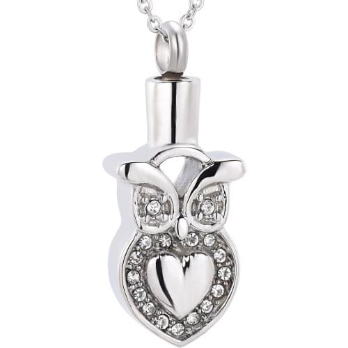 IJD9637 Owl Shape Crystal Stainless Steel Cremation Pendant Necklace Memorial Ashes Keepsake Holder Urn Necklace Jewelry