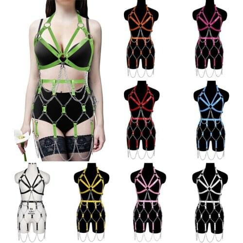 PU Leather Harness Woman Sexy Stockings Bdsm Bondage Chain Erotic Lingerie Suspenders Cage Garter Belt Festival Clothing Rave