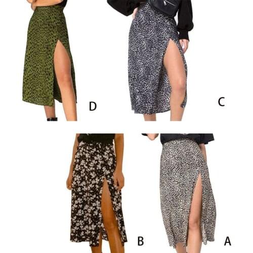 Q1QA Women Summer High Waist Boho Floral Leopard Printed Side Split A-Line Midi Skirt