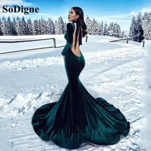SoDigne Dark Green Mermaid Velvet Prom Dresses Muslim Long Sleeves Caftan Evening Dress Long Party Gowns Customize