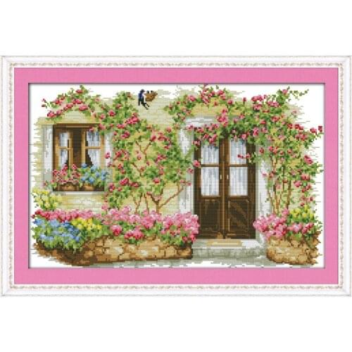 Needlework,11/14ct DMC color Cross stitch,Set For Embroidery kits Rose Cabin Landscape Printed Pattern Cross-Stitch Wall Decor