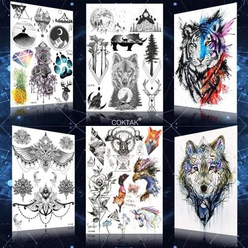 Black Geometric Tree Wolf Owl Flower Tattoo Stickers Waterproof Women Arm Temporary Tattoos Men Moon Body Art Tatoo Deer ELK
