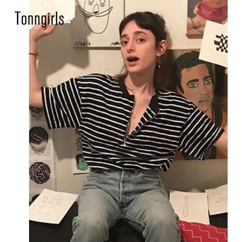 Tonngirls Vintage T-shirt Women Short Sleeve Casual Tee Shirt Femme Y2k Striped Tee Tops Streetwear O Neck Tshirt For Summer