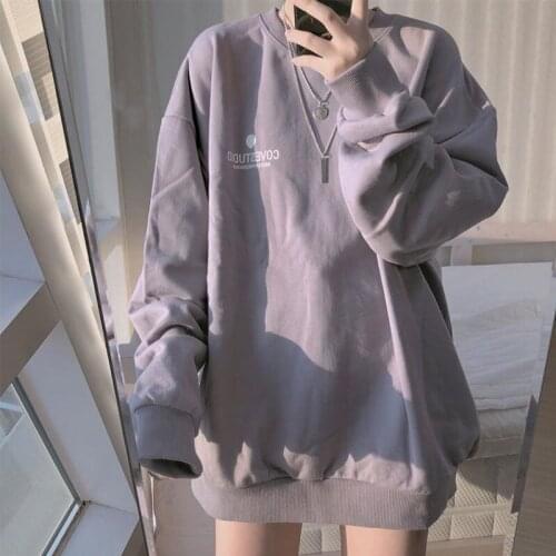 Herstory Women Simple Letter Korean Long Sleeve Hoodies Autumn Thin Chic Harajuku Femme Pullovers Oversized Girl Streetwear