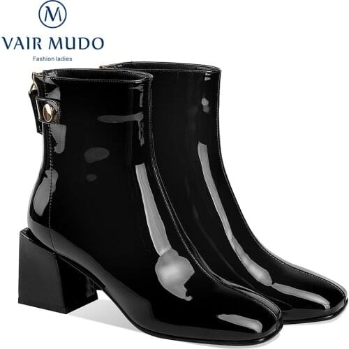 VAIR MUDO Ankle Boots Shoes High Square Heels Patent Leather Solid Square Toe Black Red Footwear Shoes Women Handmade DX33L