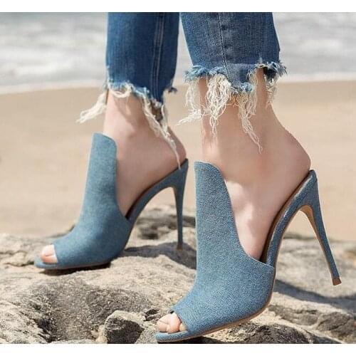 Moraima Snc Sexy Peep Toe High Heel Sandal Summer Denim Blue Jean Thin Heels Shoes Woman Super High Dress Heels Nude