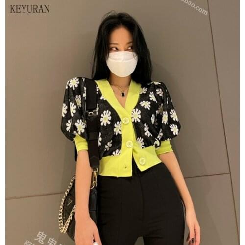 Floral V-neck Thin Knitted Sweater Women Spring Summer Cardigan Ice Silk Puff Short Sleeve Cropped Top Female Chic Knit Shirt
