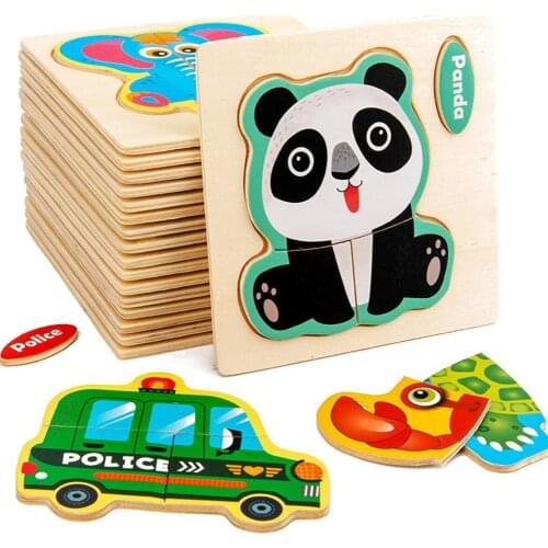 1PC 3D Wooden Puzzle Jigsaw Toys For Children Wood Kids Early Intelligence Cartoon Puzzles Educational Animal Toys For Chil F4V4