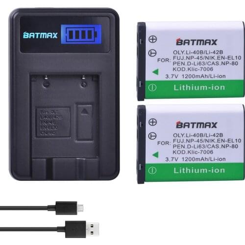 2Pcs Li-40B Li 40B 42B Battery + LCD USB Charger for Olympus Li-42B NP-45 EN-EL10 D-Li63 D-Li108 NP-80 CNP80 KLIC-7006 Batteries