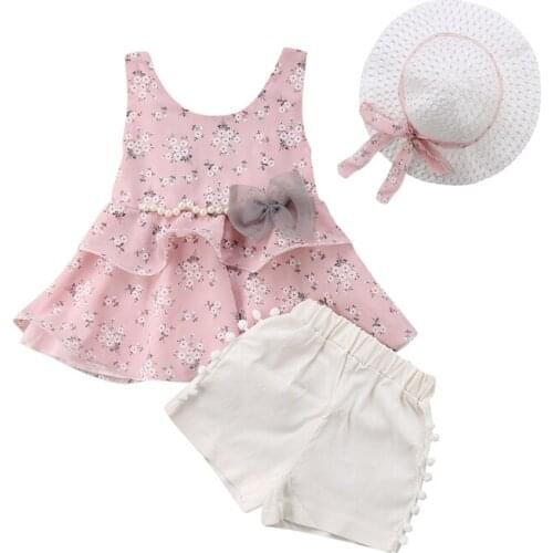 Cute Toddler Girl Clothing Children Clothing Set Girls Sleeveless T-shirts Tops Pants Shorts Hat 3Pcs Girls Outfits Kids Clothes