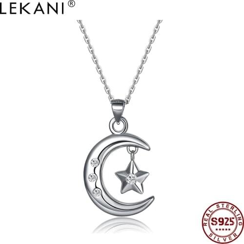 LEKANI Sterling Silver 925 Jewelry Necklace For Women Trendy Cubic Zirconia CZ Moon Star Pendant Necklaces Romantic Party Gift