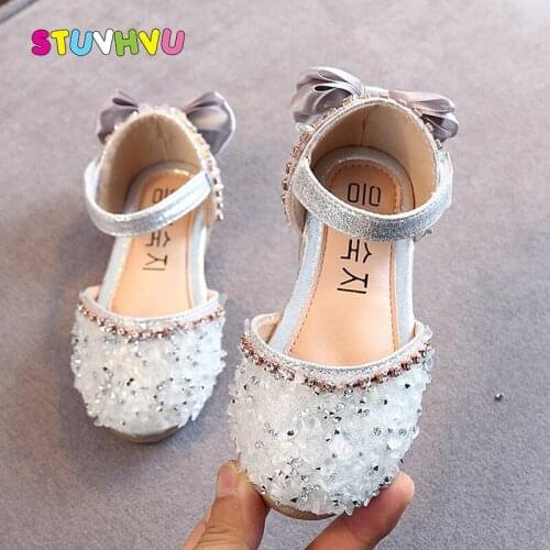2021 New Summer Rhinestone Girls Sandals Princess Shoes Soft Bottom Childrens Shoes Black Pink Silver Leather Kids Shoe Flats