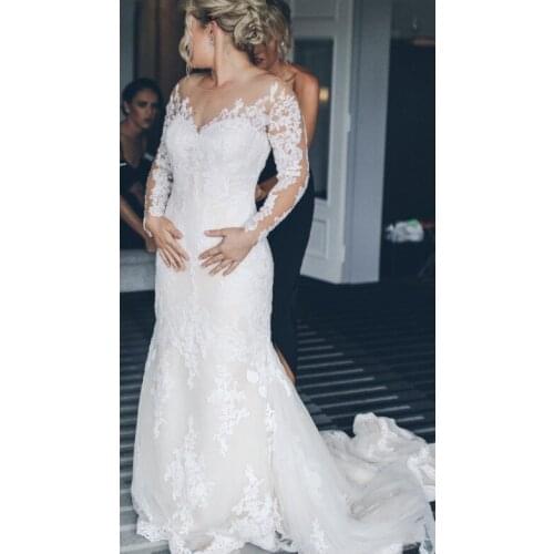 JIERUIZE Modest Ivory Tulle Mermaid Wedding Dresses Long Sleeves Scoop Neck Lace Appliques Backless Bridal Gowns robe de mariee