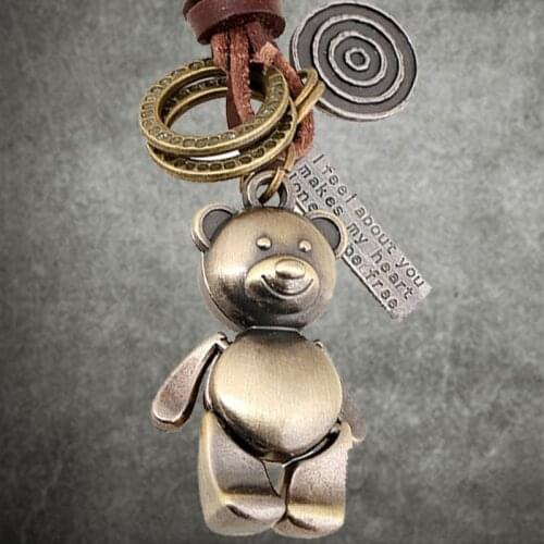 Metal Leather Movable Letter Bear Keychain Pendant Men Women Punk Vintage Animal Bears Key Chain Keyring Jewelry Birthday Gifts