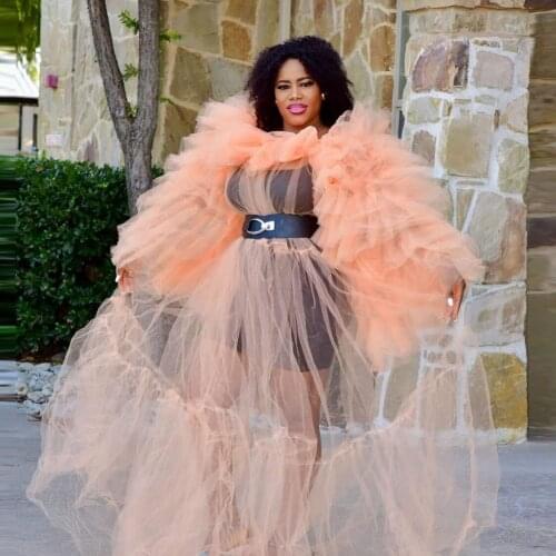 Fashion Orange Tulle Dresses Women Long Sleeves See Through Tulle Robe Girls Birthday Photoshoot Or Babyshower Sexy Bridal Gowns
