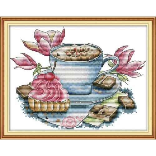 Teacup and cake cross stitch kit aida 14ct 11ct count print canvas stitches embroidery DIY handmade