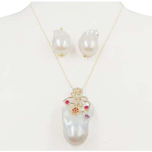 14-17 mm baroque pearl set,925 SILVER jewelry set with necklace and earring,100% NATURE FRESHWATER PEARL -good big baroque pearl