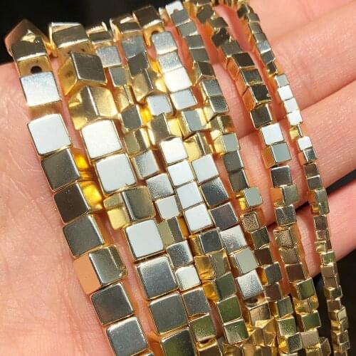 Natural Stone Square Cube 9k Gold Hematite Stone Loose Spacer Beads For Jewelry Making DIY Bracelet Accessories 15'' 2 3 4 6mm