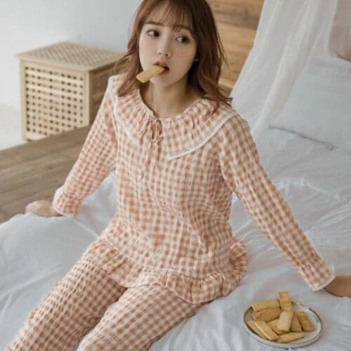 Nightwear womens suit spring and autumn lapel trousers orange plaid Korean cotton and linen summer home service red pajamas