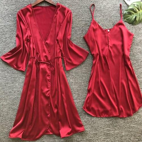 Sexy Robes Lace Pajamas Sleepwear for Women Nightgown Spaghetti Strap Pyjamas Faux Silk Robes+Gowns Sleep Lounge Sets Nightwear