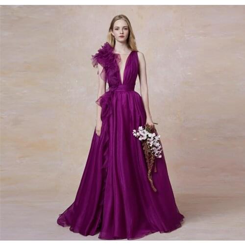 Verngo Purple Evening Dress In Organza Fashion Evening Gown V-Neck Formal Dress Long Custom Made Dress Party Robe De Soiree