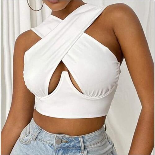 Puloru Solid Color Cross Halter Cutout Wrapped Tank Tops Women Sleeveless Cropped Tops Sexy Sleeveless Hollow Out Slim Fit Vest