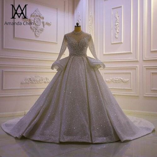 Robe mariage High Neck Long Sleeve Pearls Glitter Wedding Dress