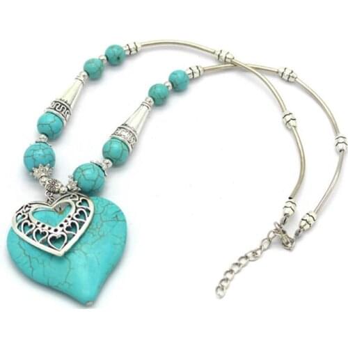 Romantic Style Silver Plated Love Heart Green Turquoises Stone Pendant Link Chain Necklace Charm Jewelry