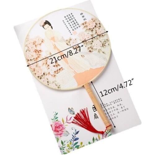 Chinese Style Ancient Handheld Round Circular Fan Classical Beauty Female Print Dancing Hand Fans with Wooden Handle M17D